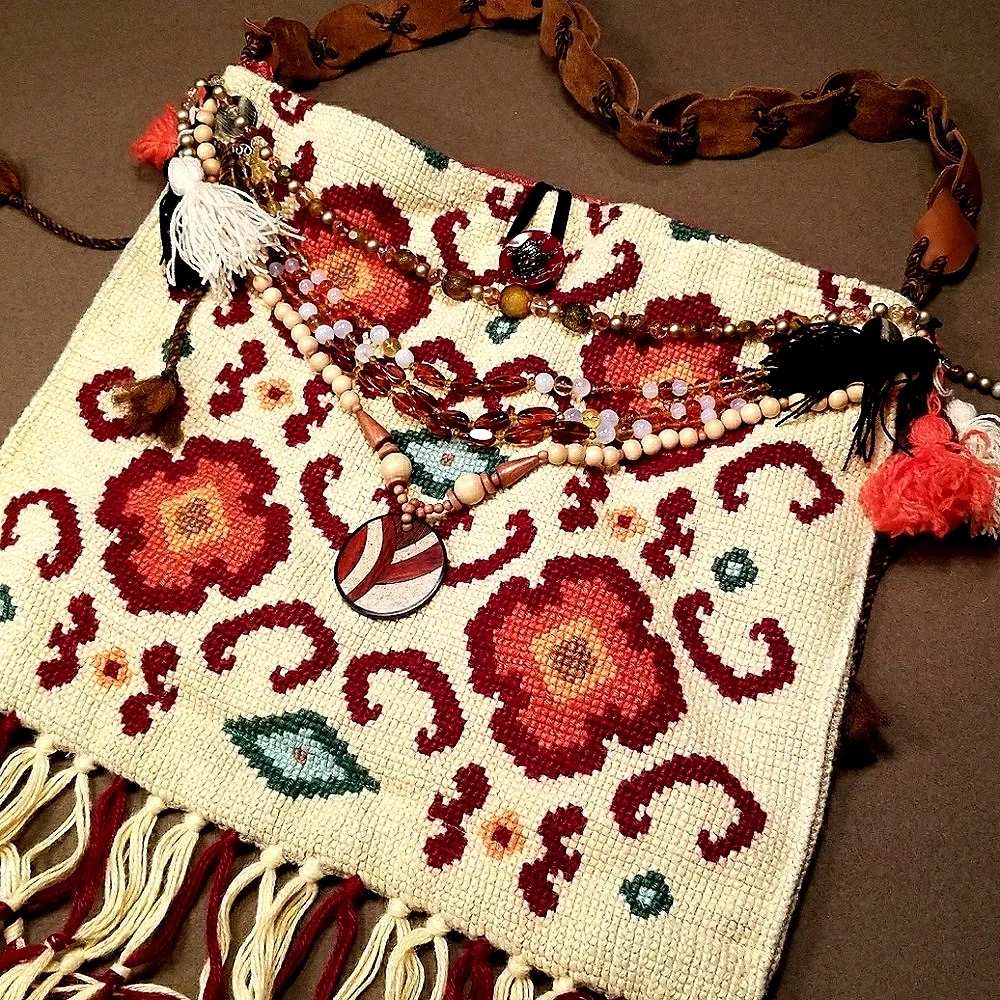 Vintage Textiles Boho Ethnic Festival Handmade Needlepoint Handbag